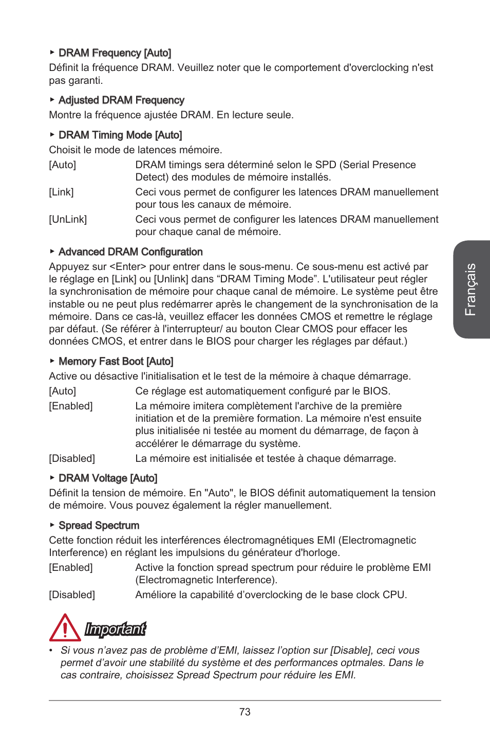 Français, Important | MSI CSM-B85M-P32 User Manual | Page 73 / 186