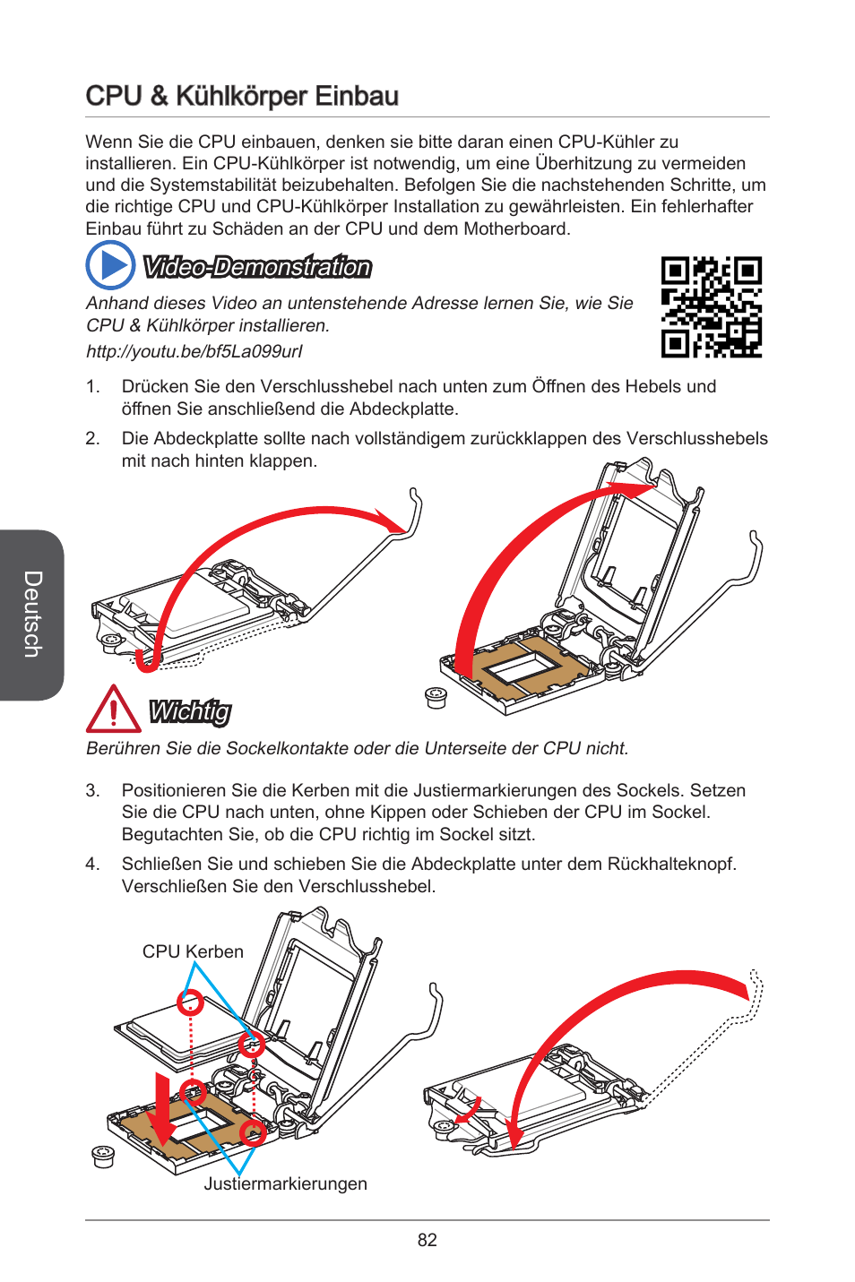 Cpu & kühlkörper einbau, Deutsch, Wichtig | Video-demonstration | MSI CSM-B85M-P32 User Manual | Page 82 / 186