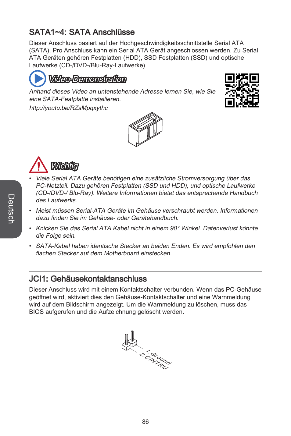 Deutsch, Sata~4: sata anschlüsse, Video-demonstration | Wichtig, Jci: gehäusekontaktanschluss | MSI CSM-B85M-P32 User Manual | Page 86 / 186