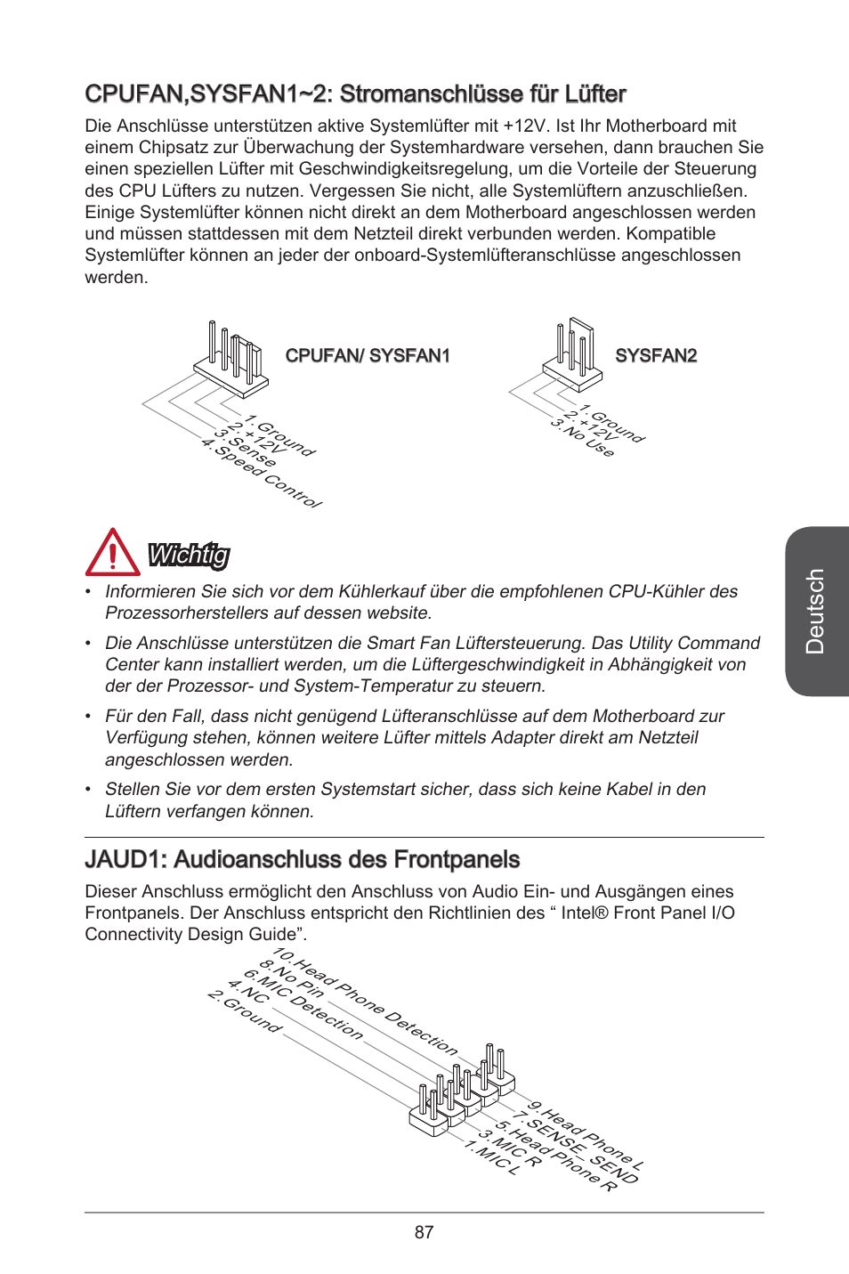 Deutsch, Cpufan,sysfan~2: stromanschlüsse für lüfter, Wichtig | Jaud: audioanschluss des frontpanels | MSI CSM-B85M-P32 User Manual | Page 87 / 186