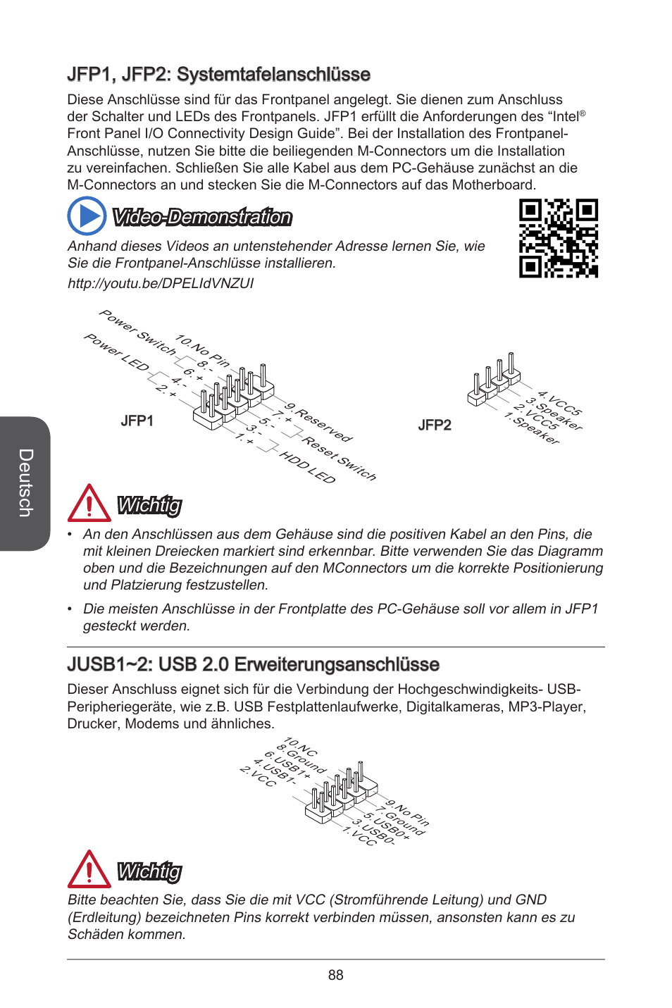 Deutsch, Jfp, jfp2: systemtafelanschlüsse, Video-demonstration | Wichtig, Jusb~2: usb 2.0 erweiterungsanschlüsse | MSI CSM-B85M-P32 User Manual | Page 88 / 186