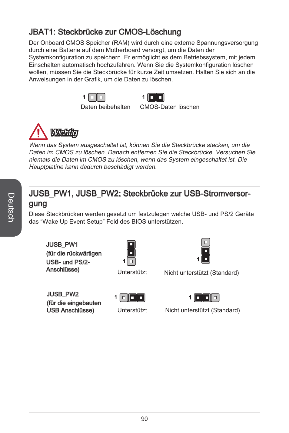 Deutsch, Jbat: steckbrücke zur cmos-löschung, Wichtig | MSI CSM-B85M-P32 User Manual | Page 90 / 186