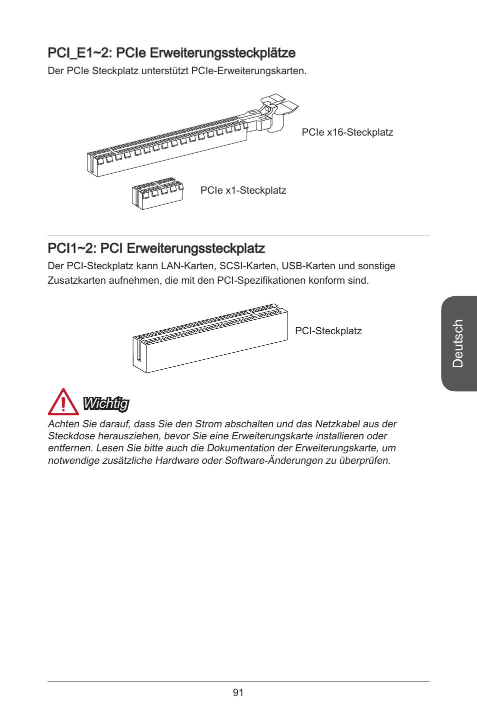 Deutsch, Pci_e~2: pcie erweiterungssteckplätze, Pci~2: pci erweiterungssteckplatz | Wichtig | MSI CSM-B85M-P32 User Manual | Page 91 / 186