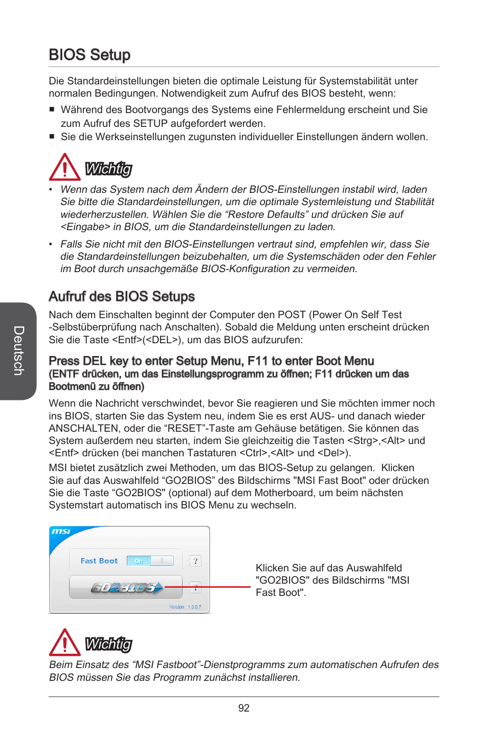 Bios setup, Deutsch, Wichtig | Aufruf des bios setups | MSI CSM-B85M-P32 User Manual | Page 92 / 186