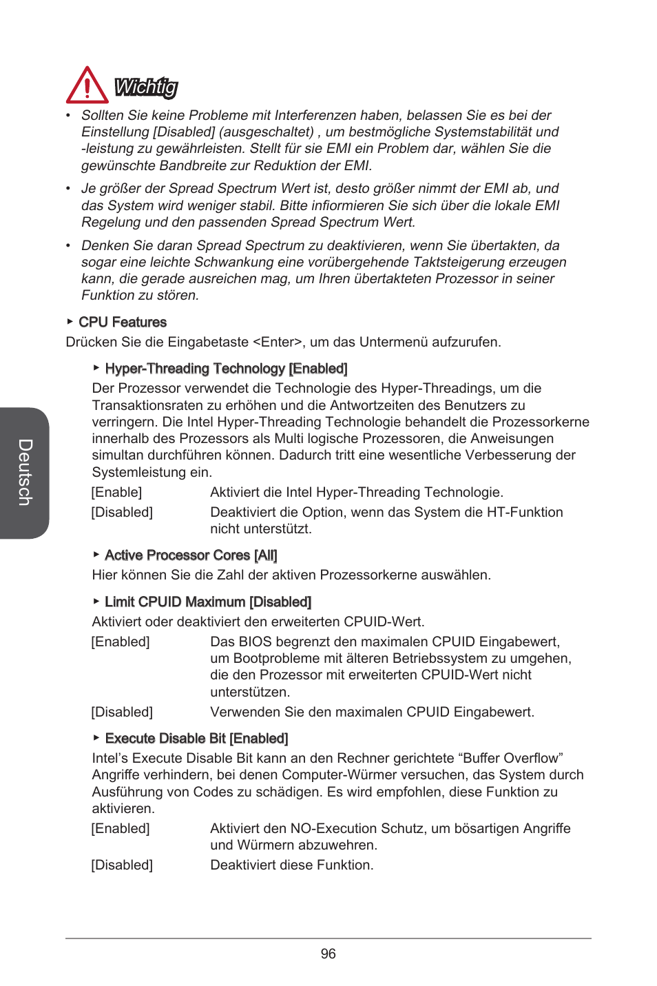 Deutsch, Wichtig | MSI CSM-B85M-P32 User Manual | Page 96 / 186