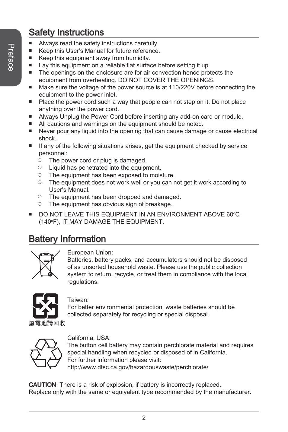 Safety instructions, Battery information, Preface | MSI B85M-P33 User Manual | Page 2 / 186