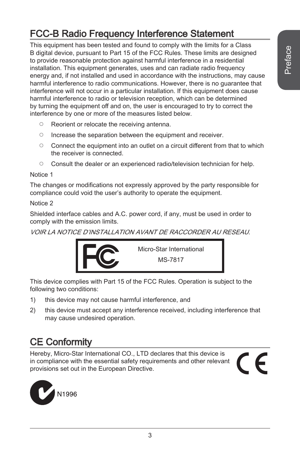 Fcc-b radio frequency interference statement, Ce conformity, Preface | MSI B85M-P33 User Manual | Page 3 / 186