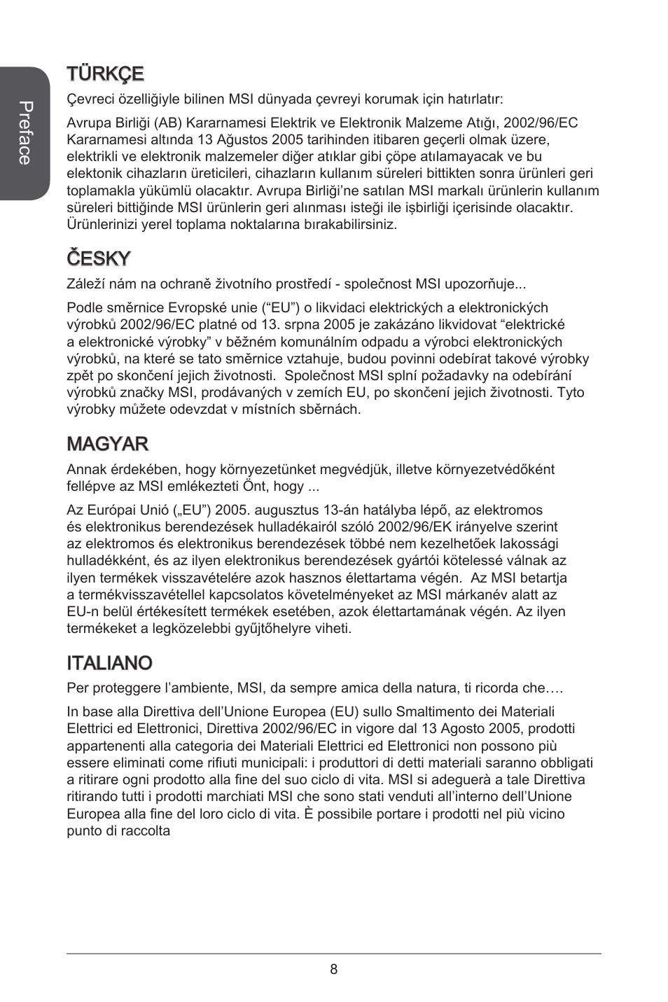 Preface, Türkçe, Česky | Magyar, Italiano | MSI B85M-P33 User Manual | Page 8 / 186