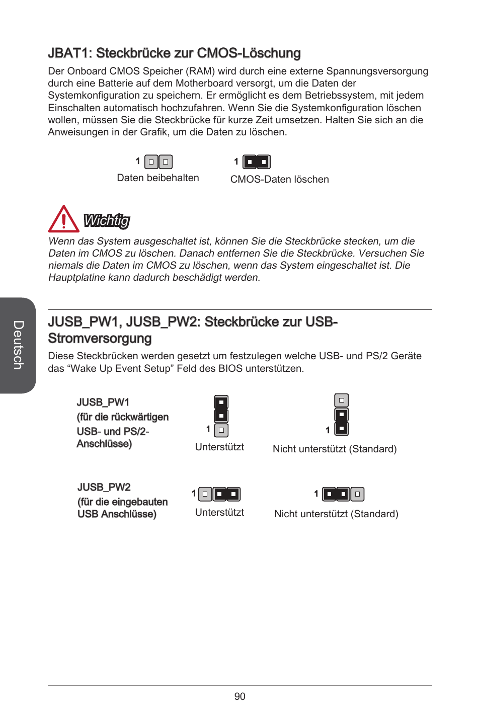Deutsch, Jbat: steckbrücke zur cmos-löschung, Wichtig | MSI B85M-P33 User Manual | Page 90 / 186
