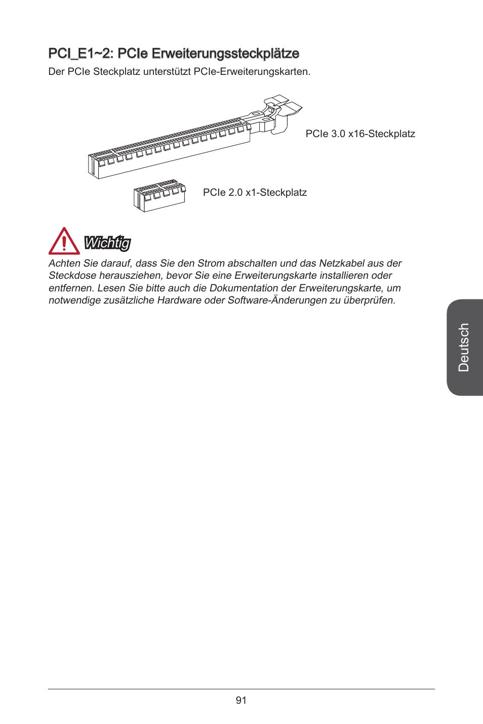 Deutsch, Pci_e~2: pcie erweiterungssteckplätze, Wichtig | MSI B85M-P33 User Manual | Page 91 / 186