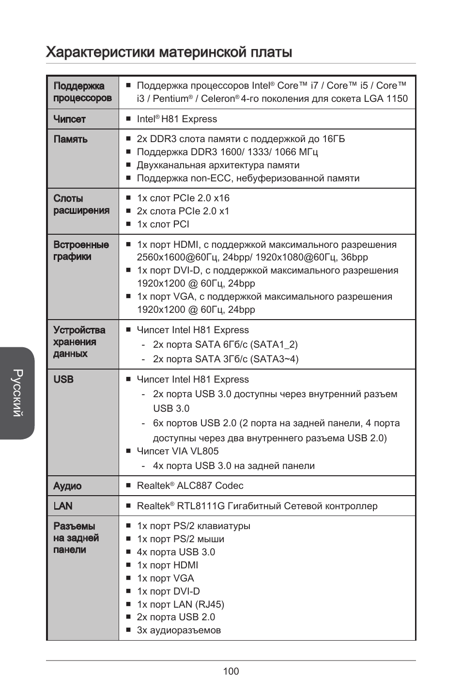 Характеристики материнской платы, Русский | MSI H81M-E35 V2 User Manual | Page 100 / 186