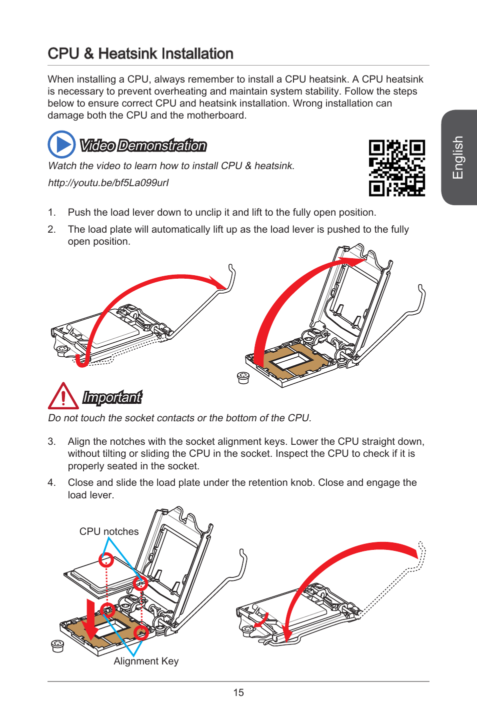 Cpu & heatsink installation, English, Important | Video demonstration | MSI H81M-E35 V2 User Manual | Page 15 / 186