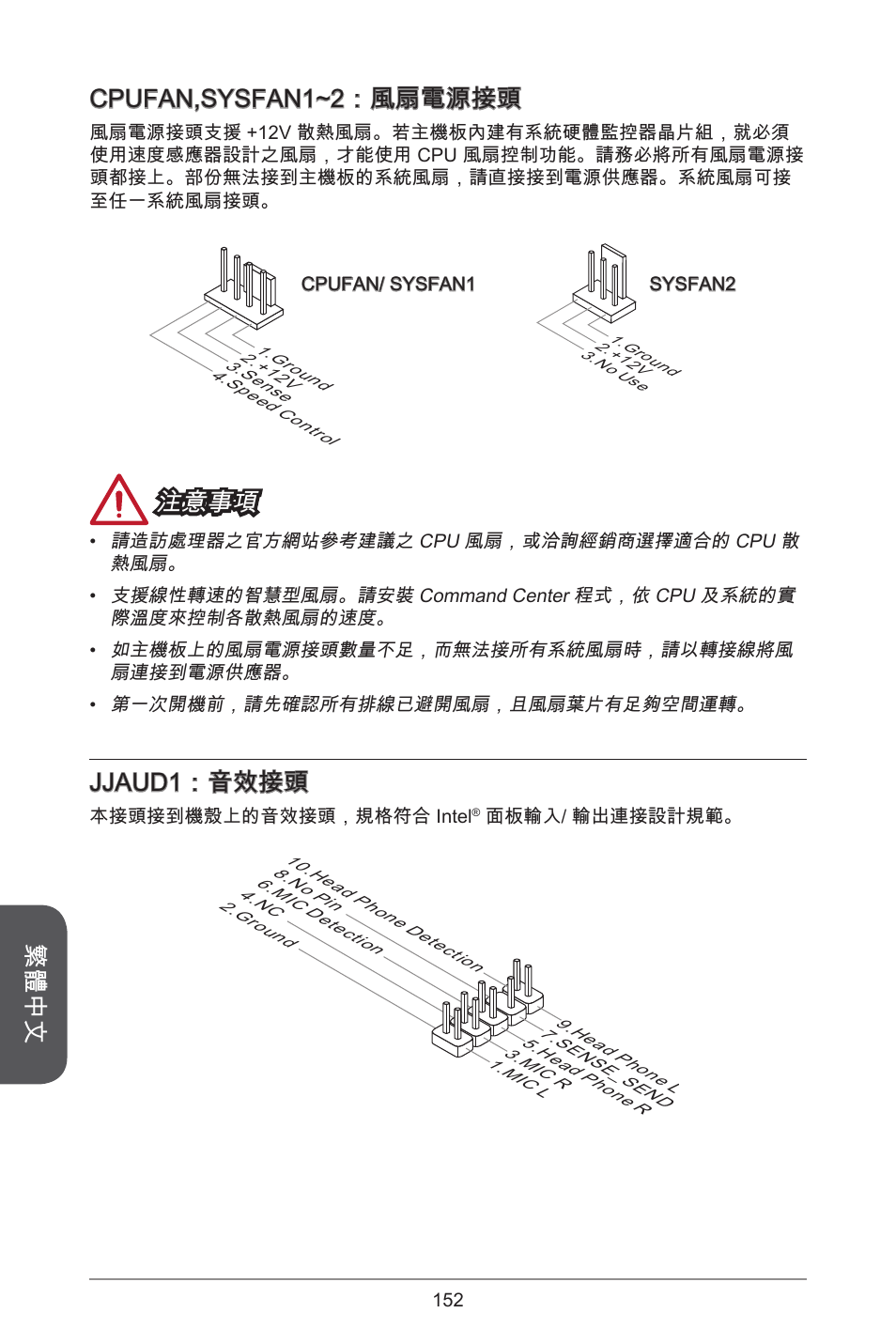 繁體中文 cpufan,sysfan~2：風扇電源接頭, 注意事項, Jjaud：音效接頭 | MSI H81M-E35 V2 User Manual | Page 152 / 186