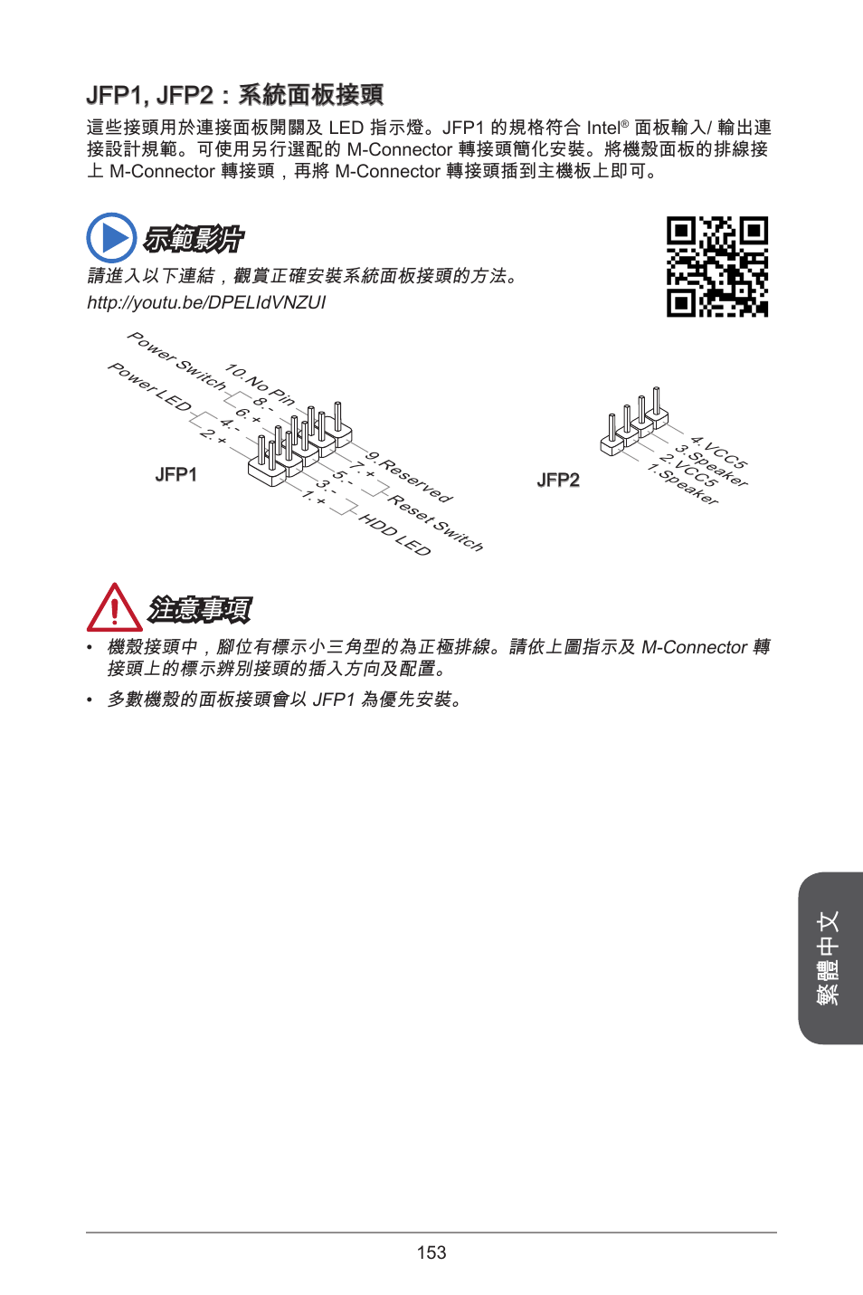 繁體中文 jfp, jfp2：系統面板接頭, 示範影片, 注意事項 | MSI H81M-E35 V2 User Manual | Page 153 / 186