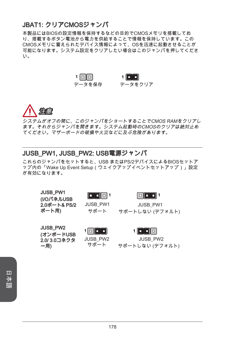 Jbat: クリアcmosジャンパ, Jusb_pw, jusb_pw2: usb電源ジャンパ | MSI H81M-E35 V2 User Manual | Page 178 / 186