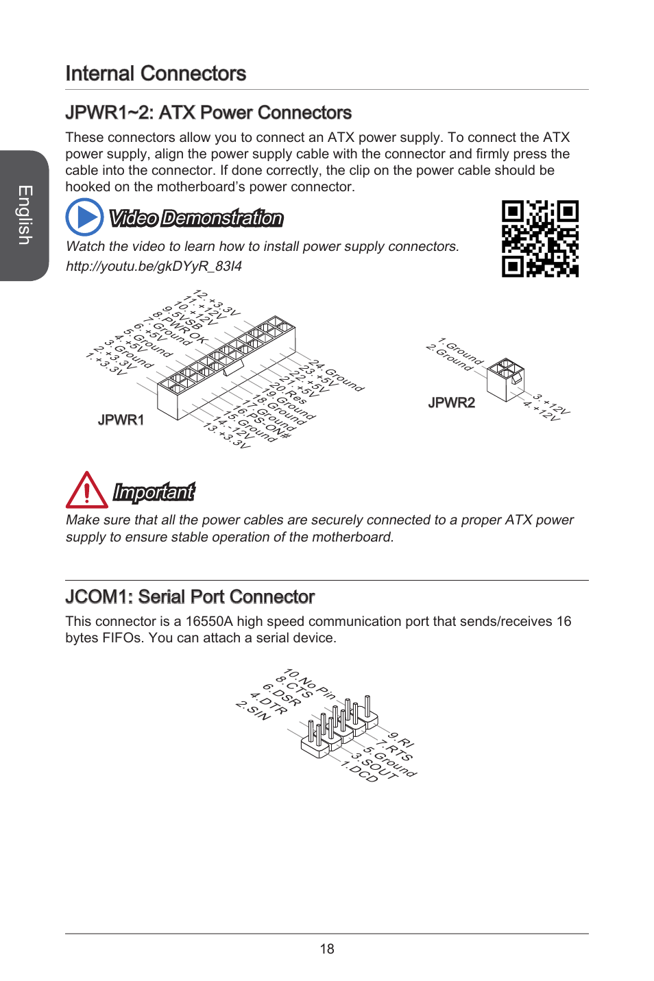 Internal connectors, English, Jpwr~2: atx power connectors | Video demonstration, Important, Jcom: serial port connector | MSI H81M-E35 V2 User Manual | Page 18 / 186