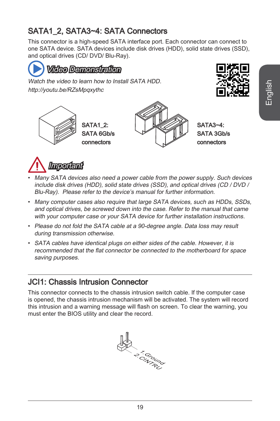 English, Sata_2, sata3~4: sata connectors, Video demonstration | Important, Jci: chassis intrusion connector | MSI H81M-E35 V2 User Manual | Page 19 / 186