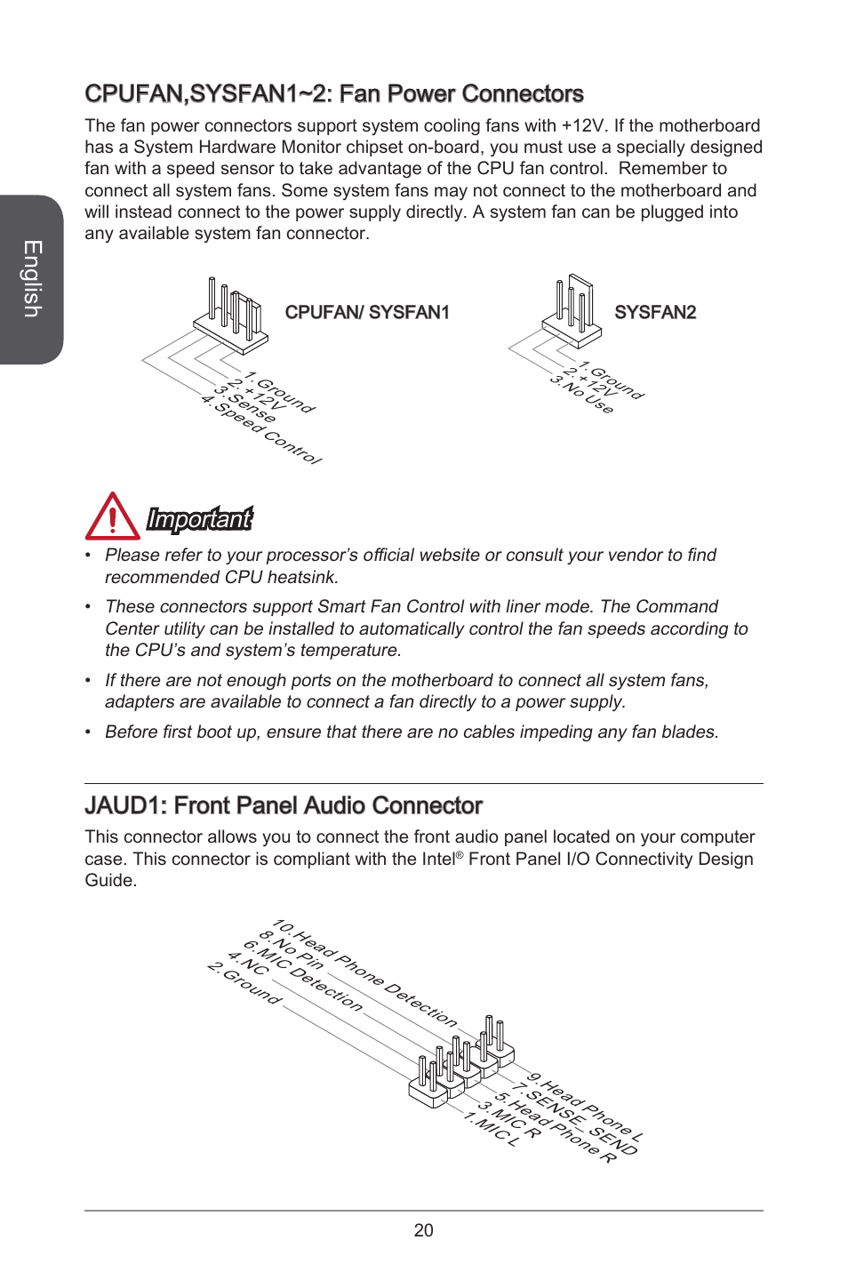 English, Cpufan,sysfan~2: fan power connectors, Important | Jaud: front panel audio connector | MSI H81M-E35 V2 User Manual | Page 20 / 186