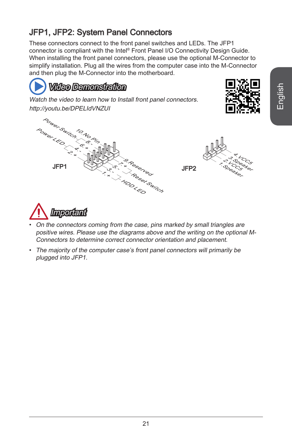 English, Jfp, jfp2: system panel connectors, Video demonstration | Important | MSI H81M-E35 V2 User Manual | Page 21 / 186