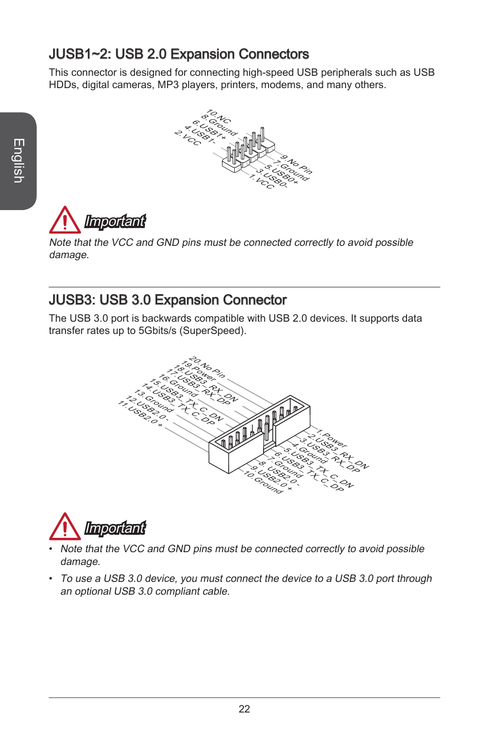 English, Jusb~2: usb 2.0 expansion connectors, Important | Jusb3: usb 3.0 expansion connector | MSI H81M-E35 V2 User Manual | Page 22 / 186