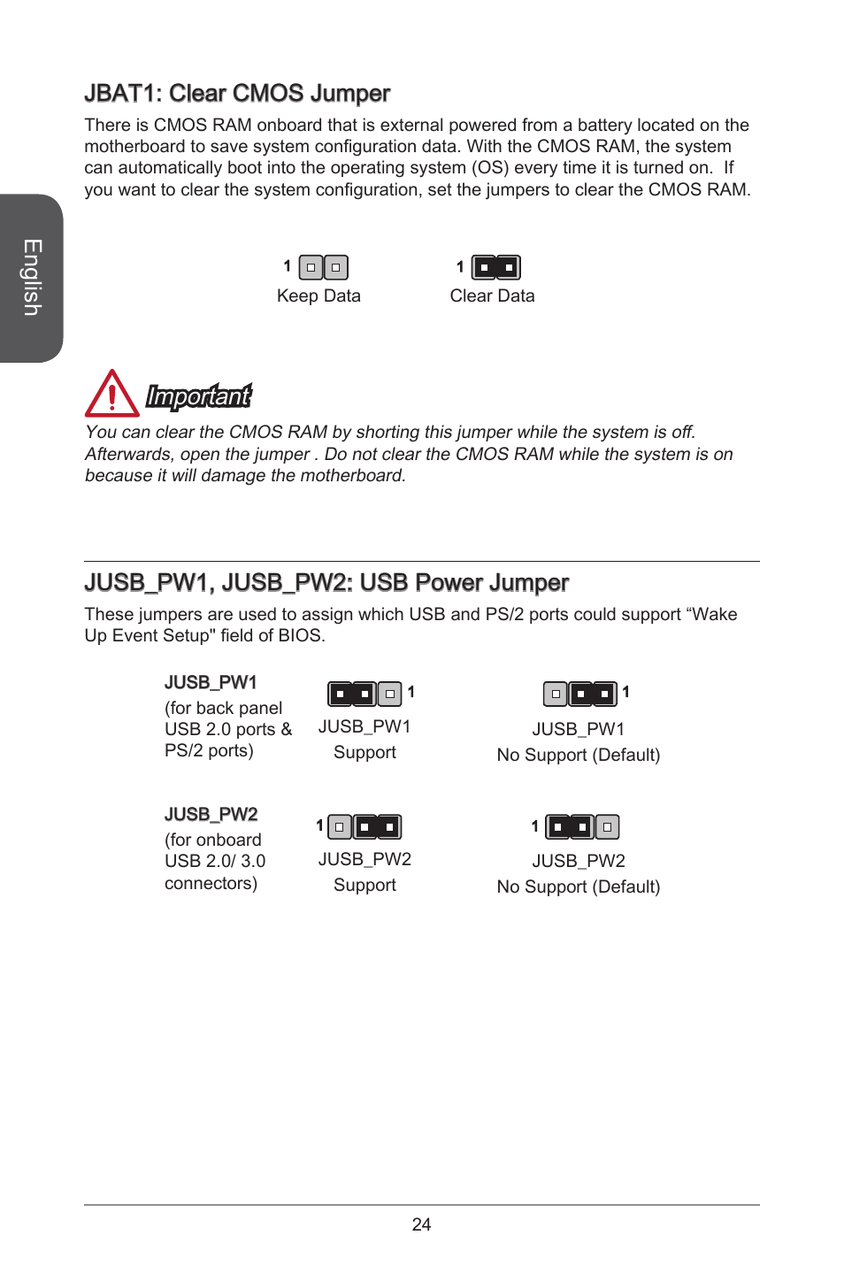 English, Jbat: clear cmos jumper, Important | Jusb_pw, jusb_pw2: usb power jumper | MSI H81M-E35 V2 User Manual | Page 24 / 186