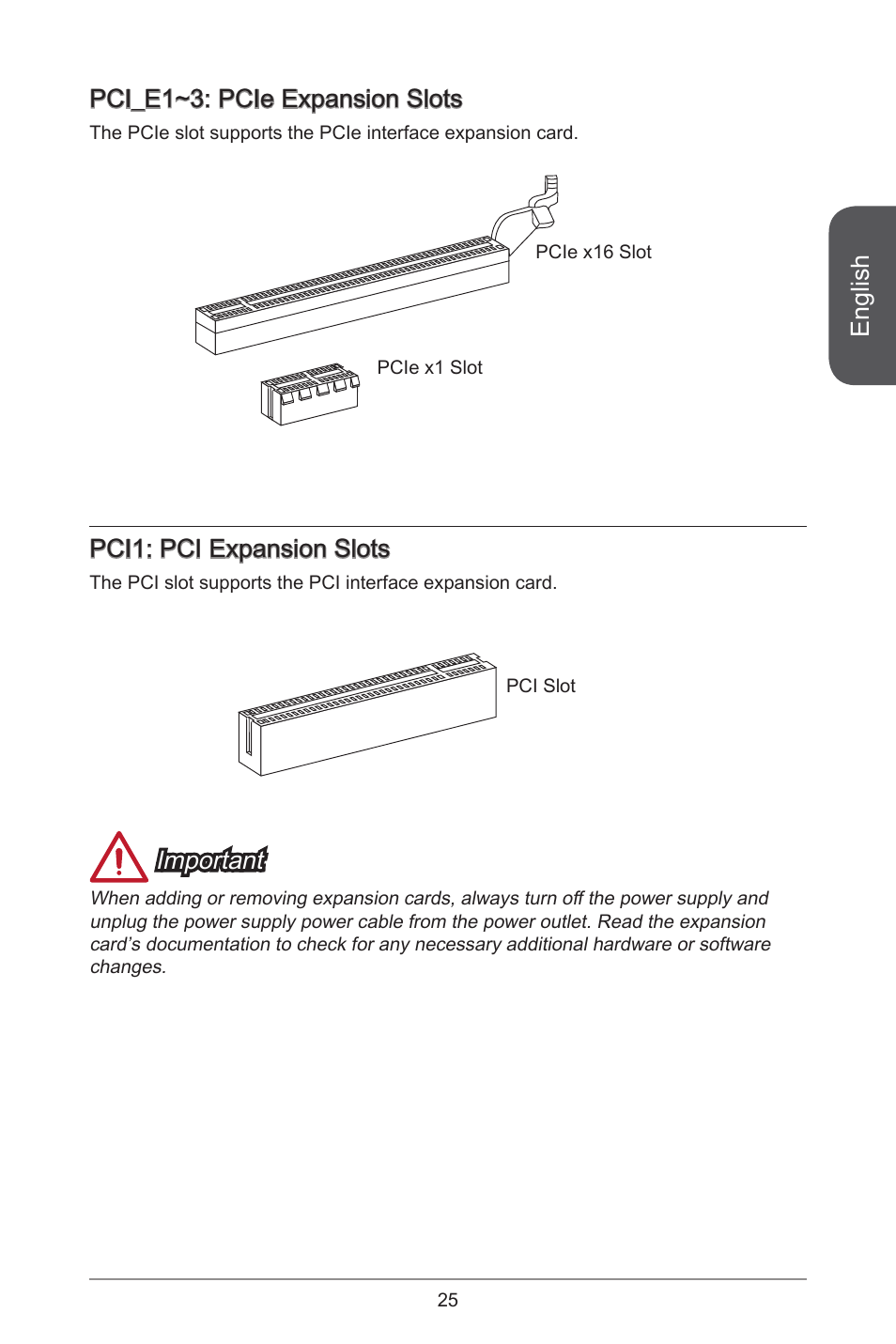 English, Pci_e~3: pcie expansion slots, Pci: pci expansion slots | Important | MSI H81M-E35 V2 User Manual | Page 25 / 186