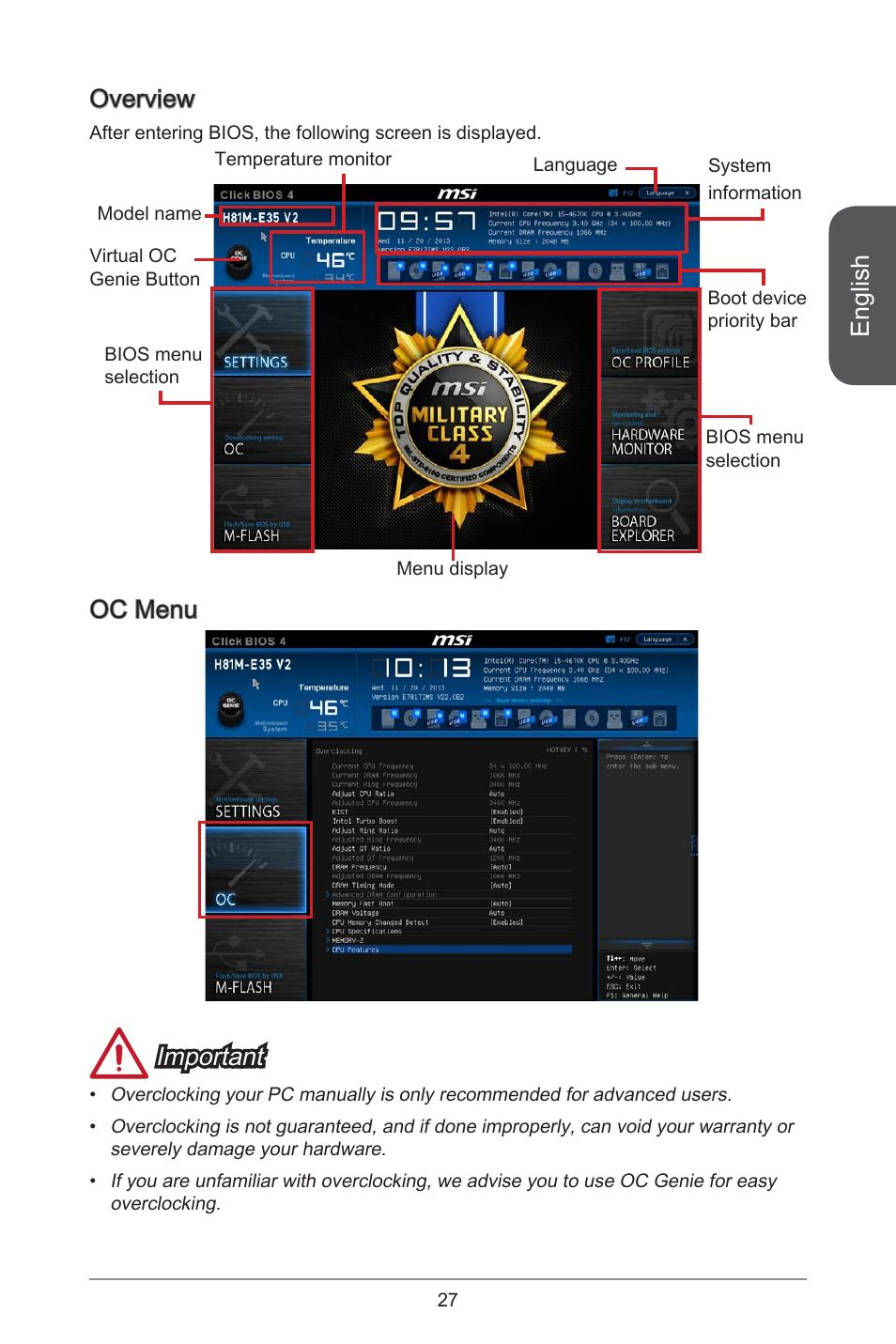 English, Overview, Oc menu important | MSI H81M-E35 V2 User Manual | Page 27 / 186