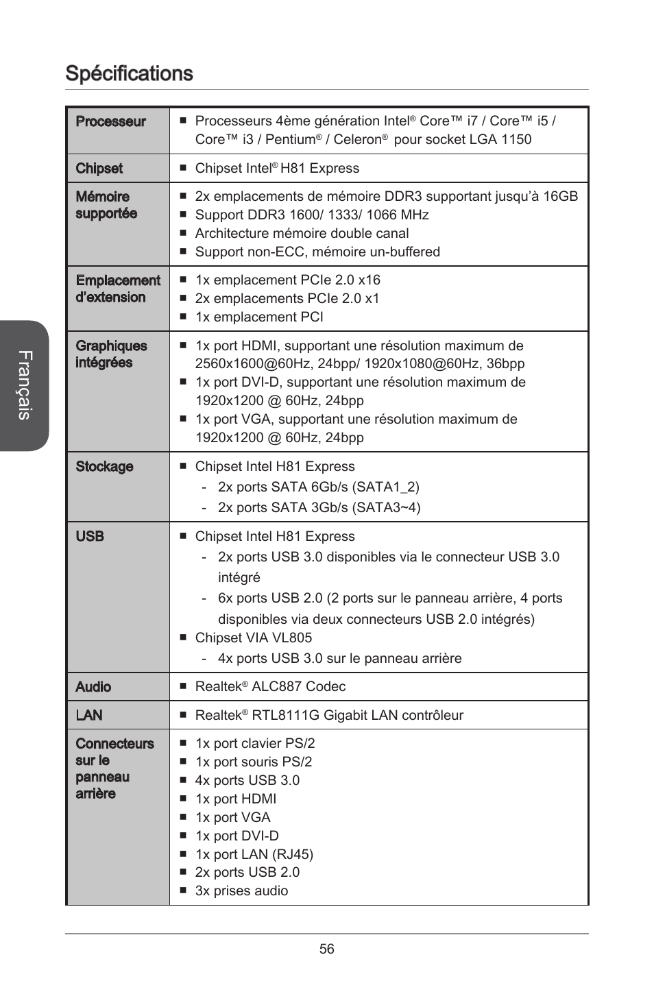 Spécifications, Français | MSI H81M-E35 V2 User Manual | Page 56 / 186