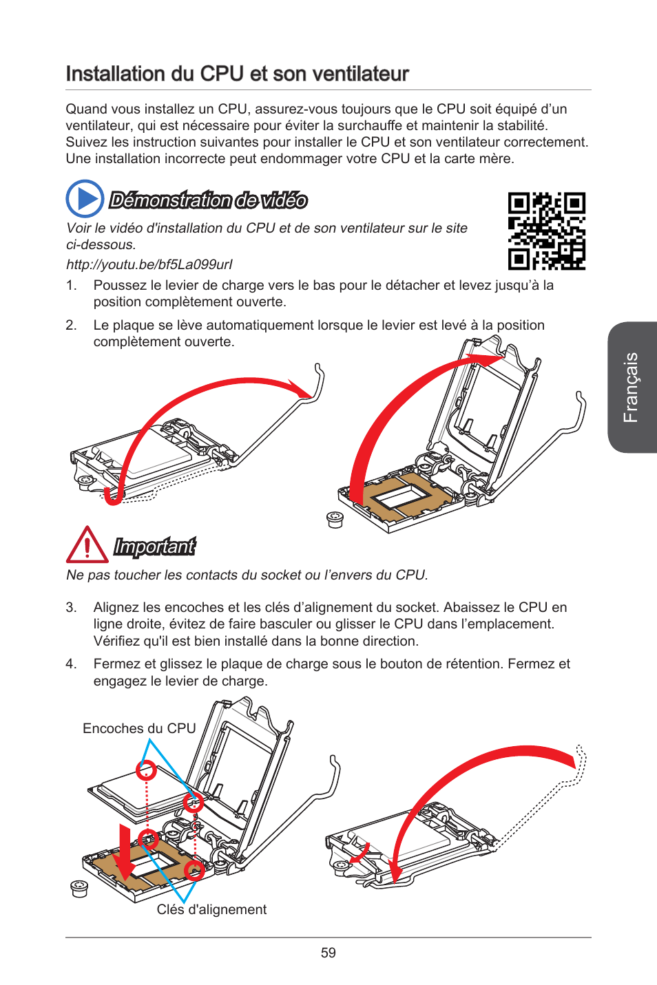 Installation du cpu et son ventilateur, Français, Important | Démonstration de vidéo | MSI H81M-E35 V2 User Manual | Page 59 / 186