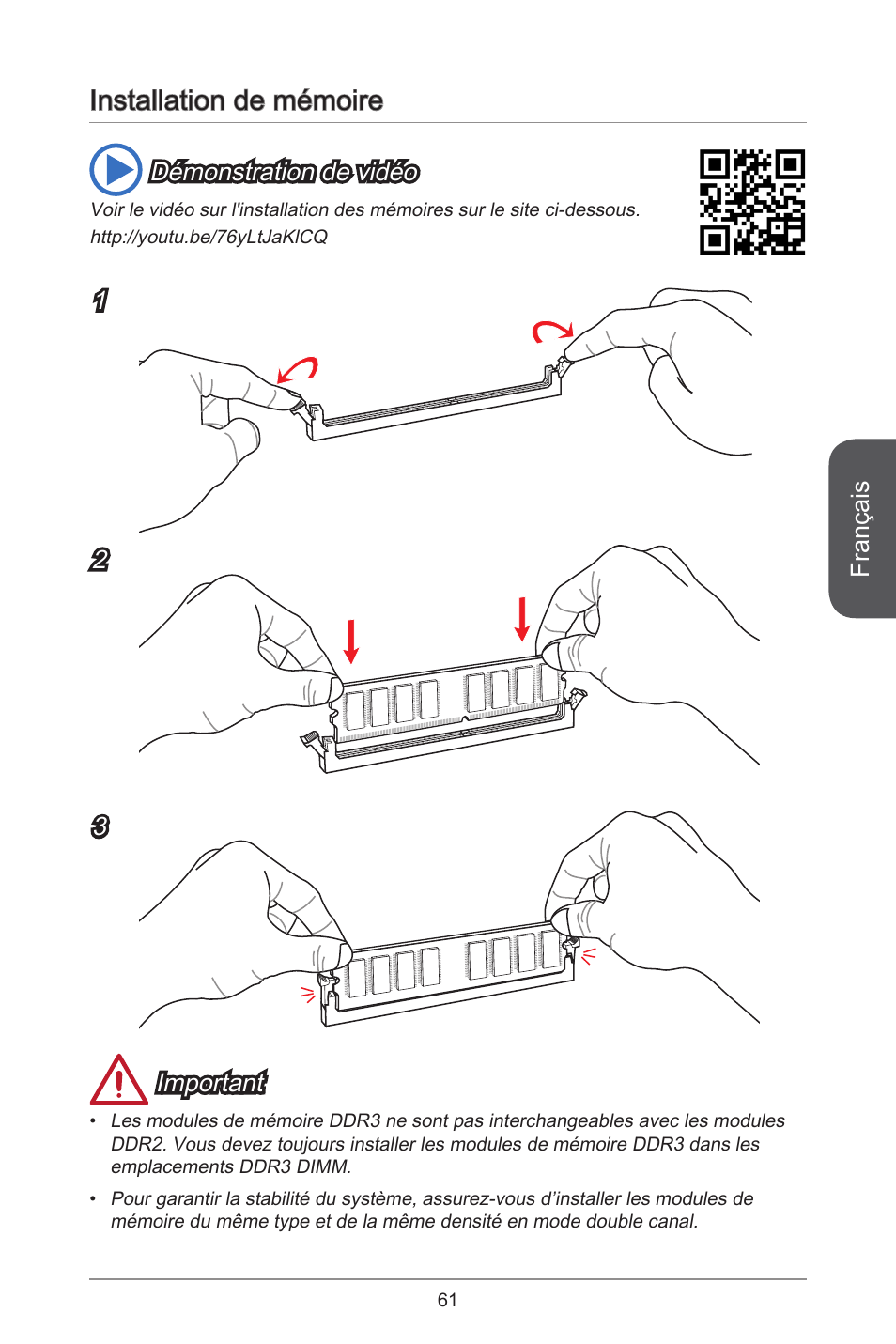 Installation de mémoire | MSI H81M-E35 V2 User Manual | Page 61 / 186