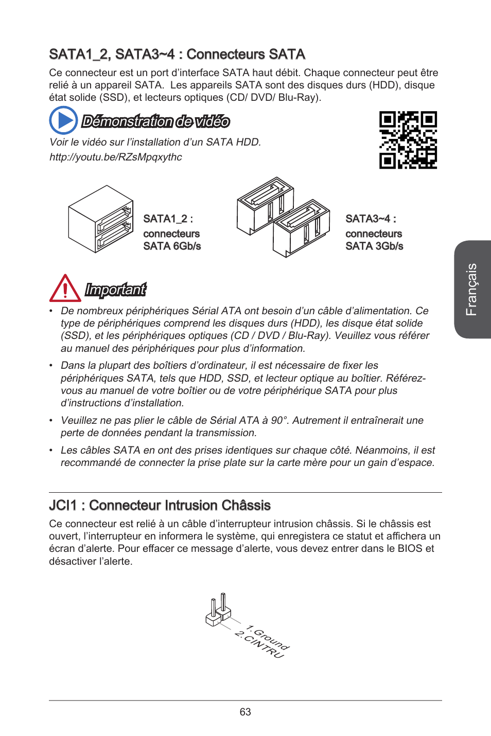 Français, Sata_2, sata3~4 : connecteurs sata, Démonstration de vidéo | Important, Jci : connecteur intrusion châssis | MSI H81M-E35 V2 User Manual | Page 63 / 186