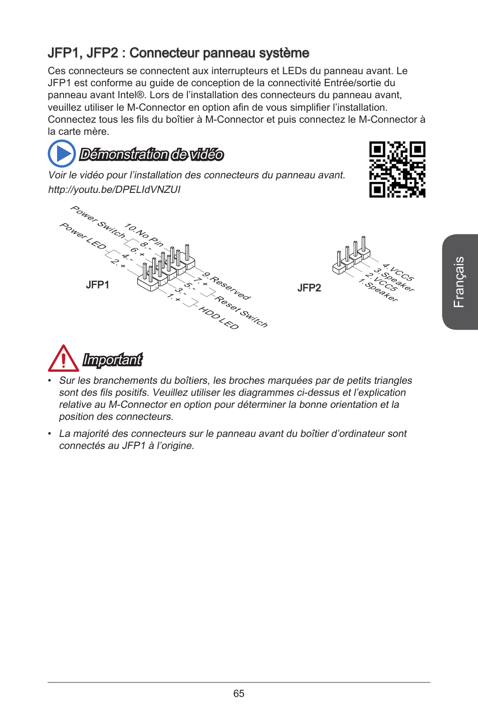 Français, Jfp, jfp2 : connecteur panneau système, Démonstration de vidéo | Important | MSI H81M-E35 V2 User Manual | Page 65 / 186