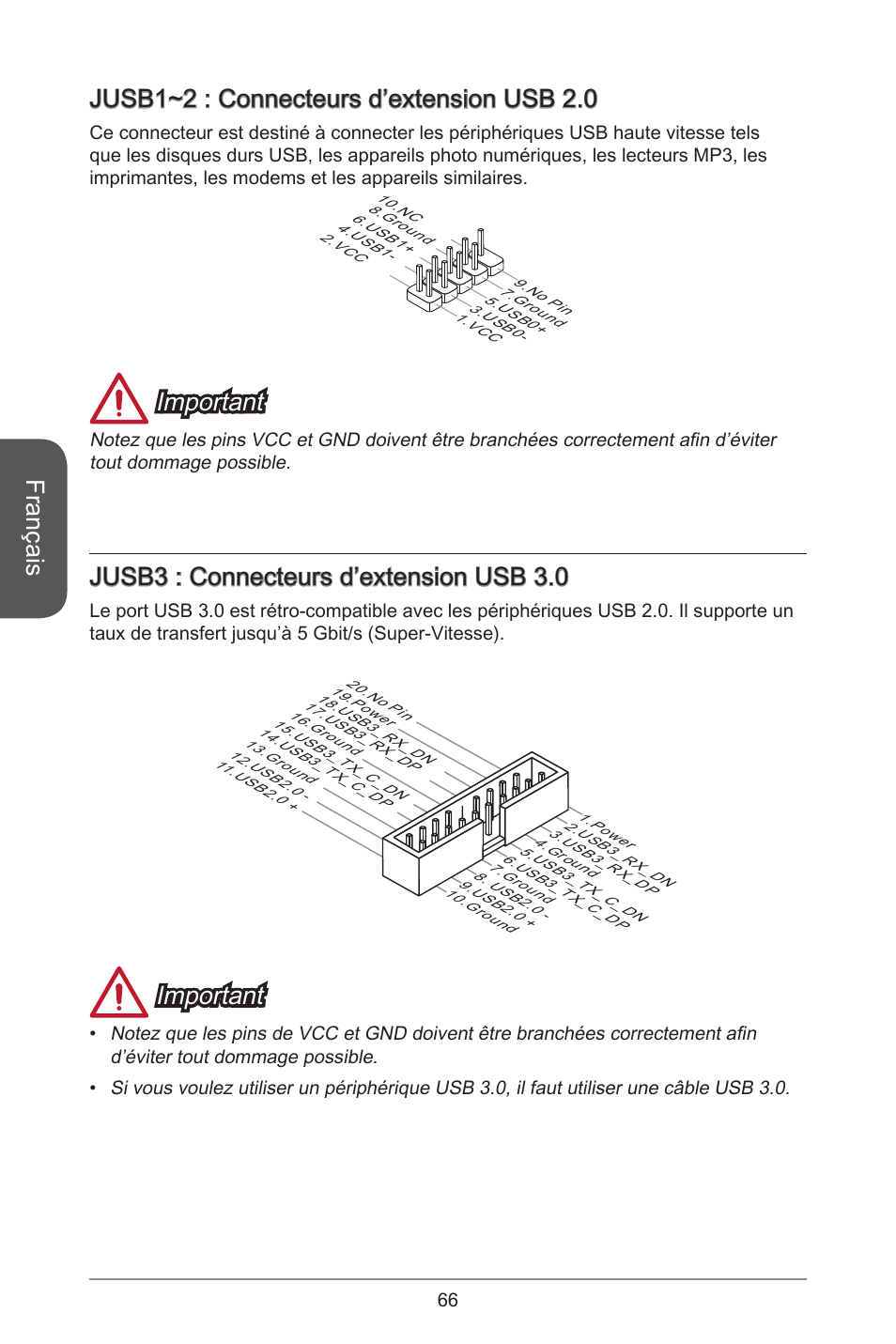 Français, Jusb~2 : connecteurs d’extension usb 2.0, Important | Jusb3 : connecteurs d’extension usb 3.0 | MSI H81M-E35 V2 User Manual | Page 66 / 186