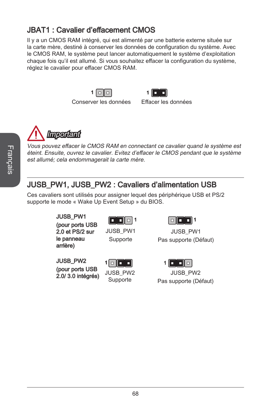 Français, Jbat : cavalier d’effacement cmos, Important | Jusb_pw, jusb_pw2 : cavaliers d’alimentation usb | MSI H81M-E35 V2 User Manual | Page 68 / 186