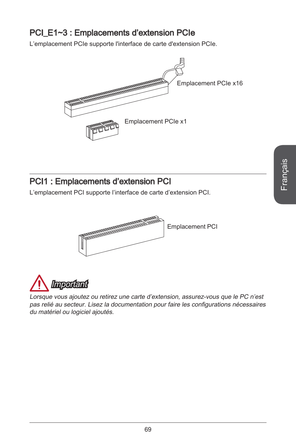 Français, Pci_e~3 : emplacements d’extension pcie, Pci : emplacements d’extension pci | Important | MSI H81M-E35 V2 User Manual | Page 69 / 186