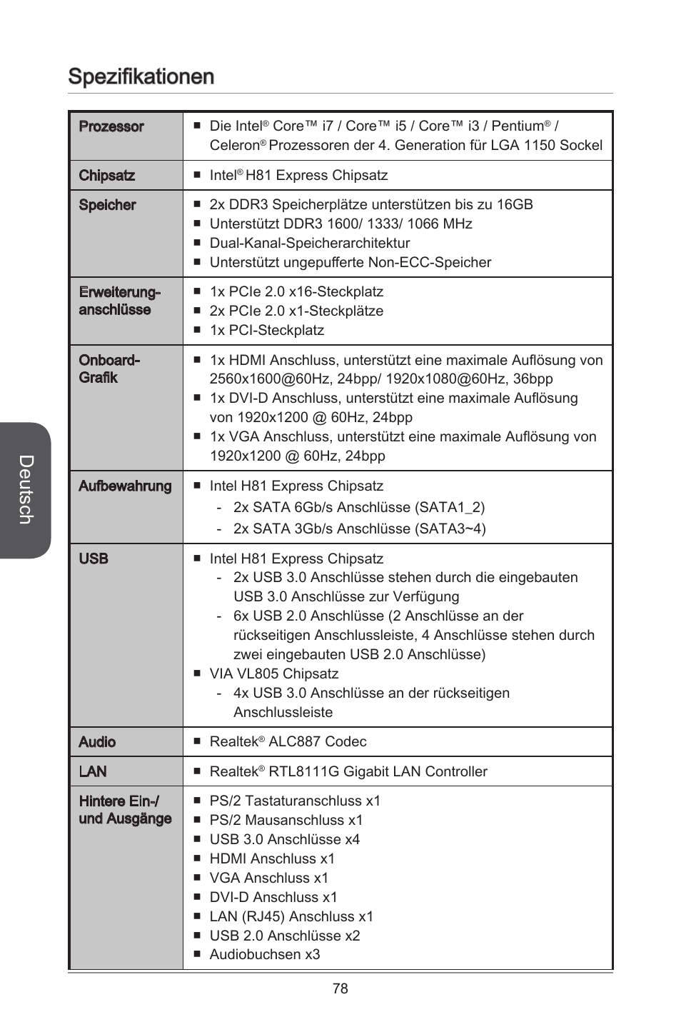 Spezifikationen, Deutsch | MSI H81M-E35 V2 User Manual | Page 78 / 186