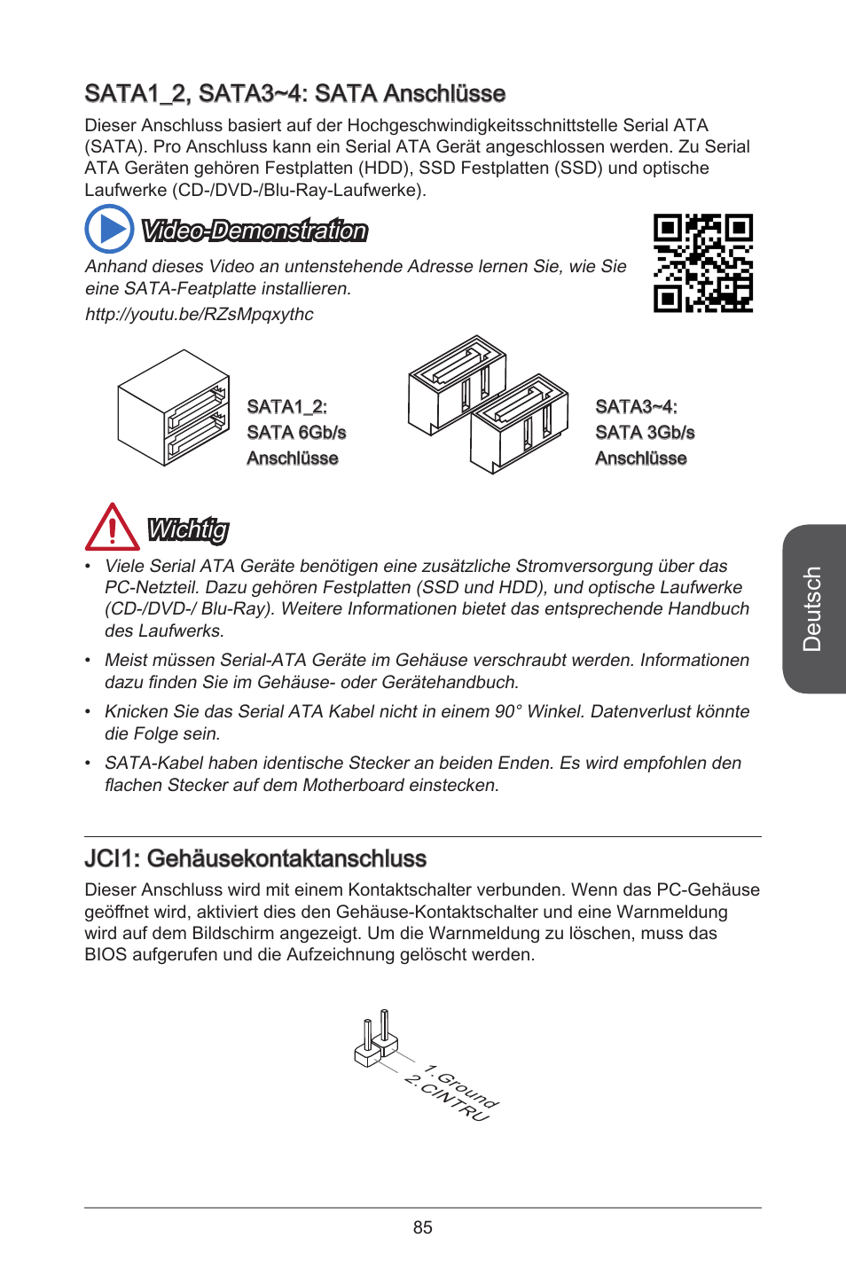 Deutsch, Sata_2, sata3~4: sata anschlüsse, Video-demonstration | Wichtig, Jci: gehäusekontaktanschluss | MSI H81M-E35 V2 User Manual | Page 85 / 186