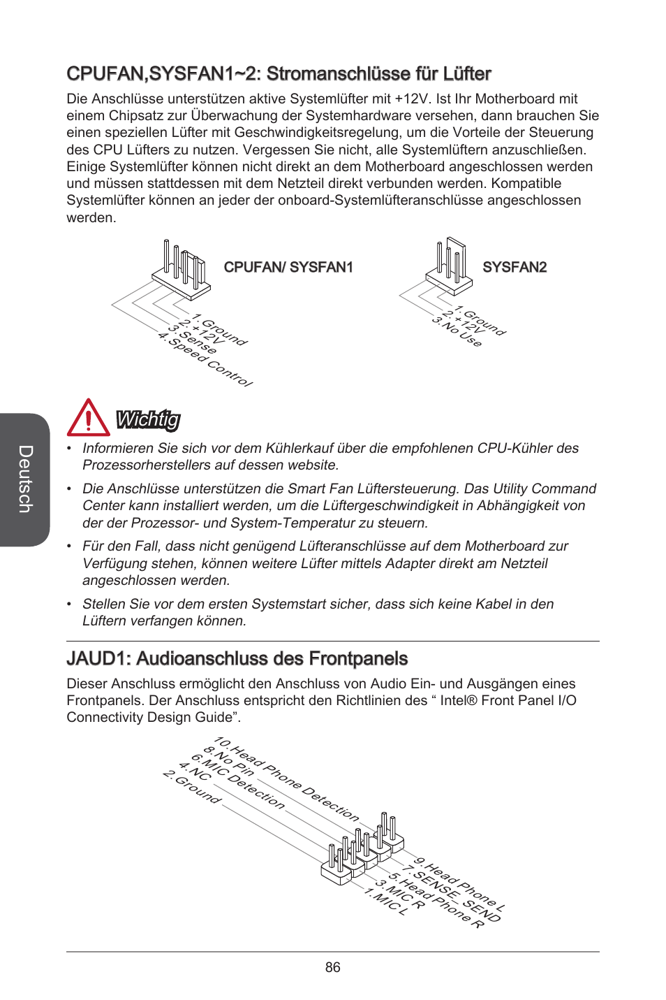 Deutsch, Cpufan,sysfan~2: stromanschlüsse für lüfter, Wichtig | Jaud: audioanschluss des frontpanels | MSI H81M-E35 V2 User Manual | Page 86 / 186