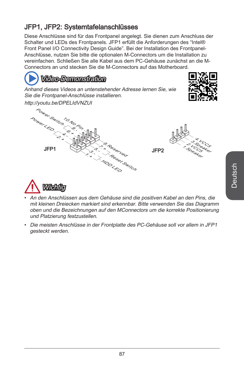 Deutsch, Jfp, jfp2: systemtafelanschlüsses, Video-demonstration | Wichtig | MSI H81M-E35 V2 User Manual | Page 87 / 186