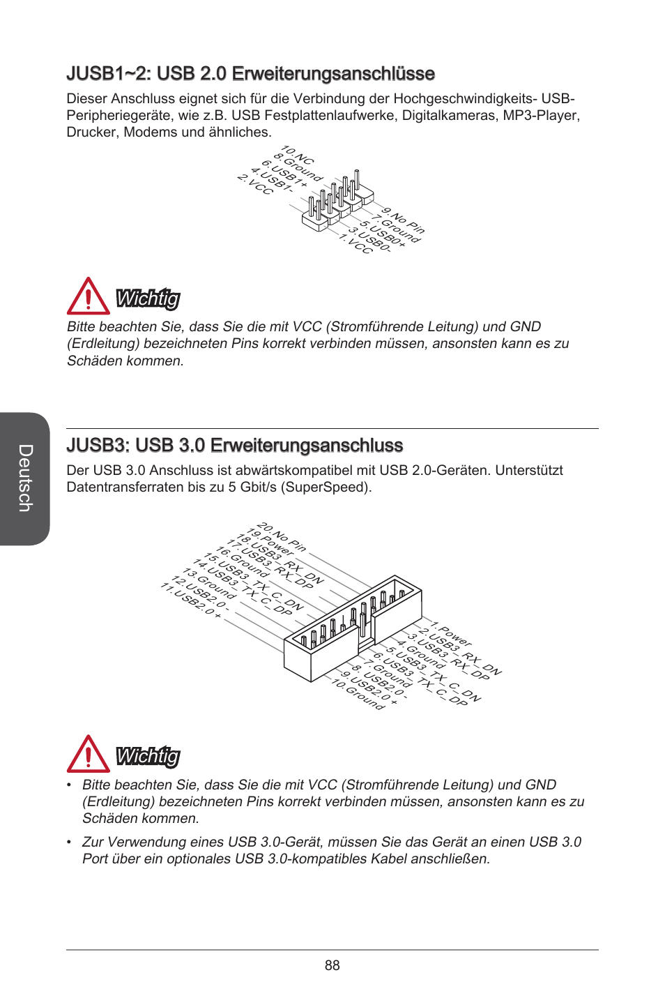 Deutsch, Jusb~2: usb 2.0 erweiterungsanschlüsse, Wichtig | Jusb3: usb 3.0 erweiterungsanschluss | MSI H81M-E35 V2 User Manual | Page 88 / 186