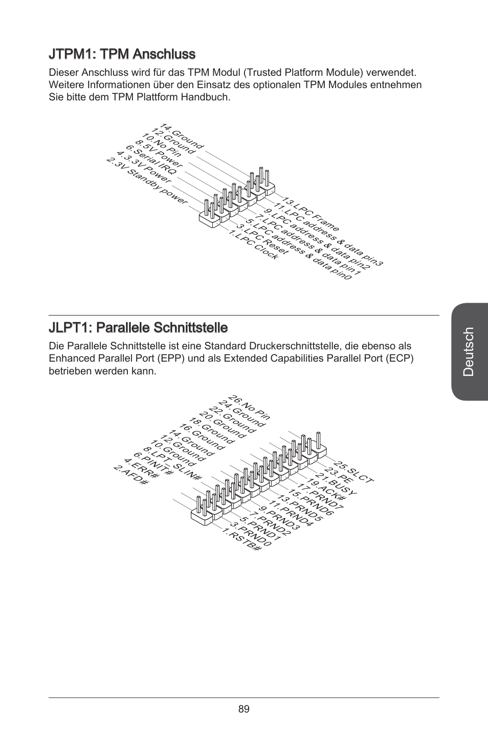 Deutsch, Jtpm: tpm anschluss, Jlpt: parallele schnittstelle | MSI H81M-E35 V2 User Manual | Page 89 / 186