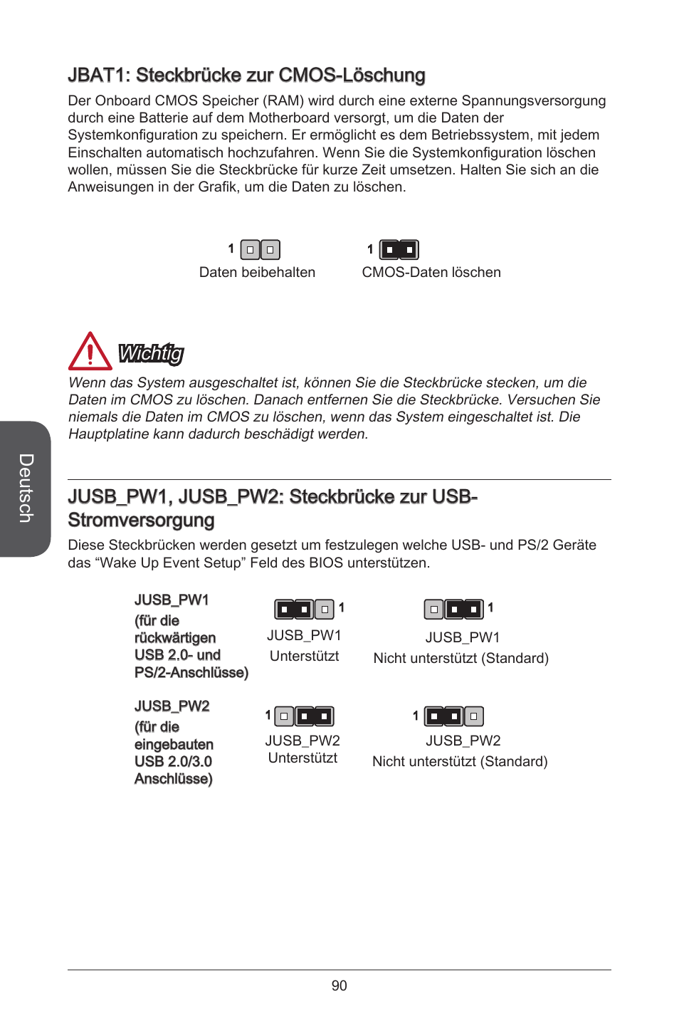 Deutsch, Jbat: steckbrücke zur cmos-löschung, Wichtig | MSI H81M-E35 V2 User Manual | Page 90 / 186