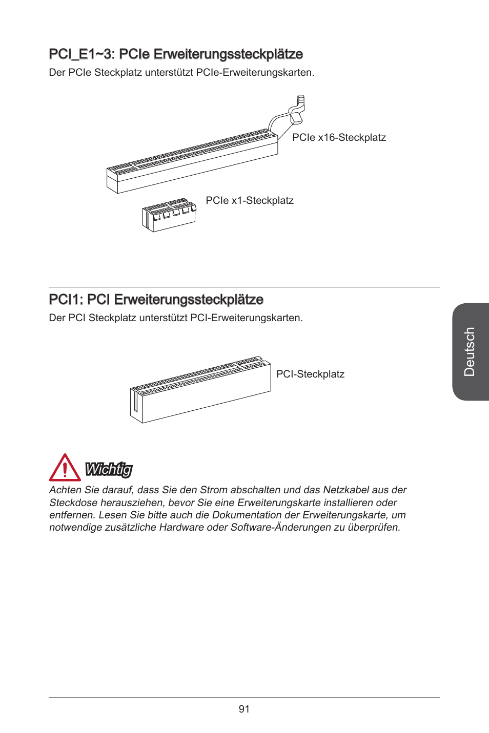 Deutsch, Pci_e~3: pcie erweiterungssteckplätze, Pci: pci erweiterungssteckplätze | Wichtig | MSI H81M-E35 V2 User Manual | Page 91 / 186