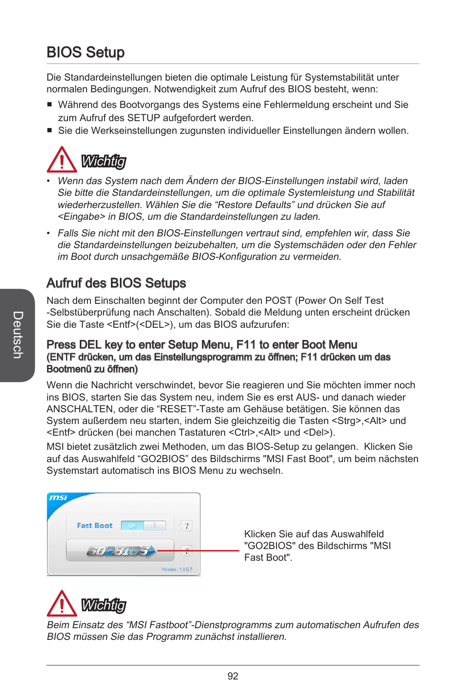 Bios setup, Deutsch, Wichtig | Aufruf des bios setups | MSI H81M-E35 V2 User Manual | Page 92 / 186