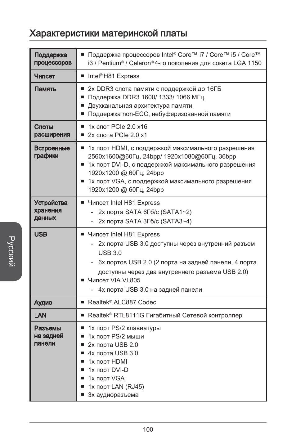 Характеристики материнской платы, Русский | MSI H81M-E34 User Manual | Page 100 / 182