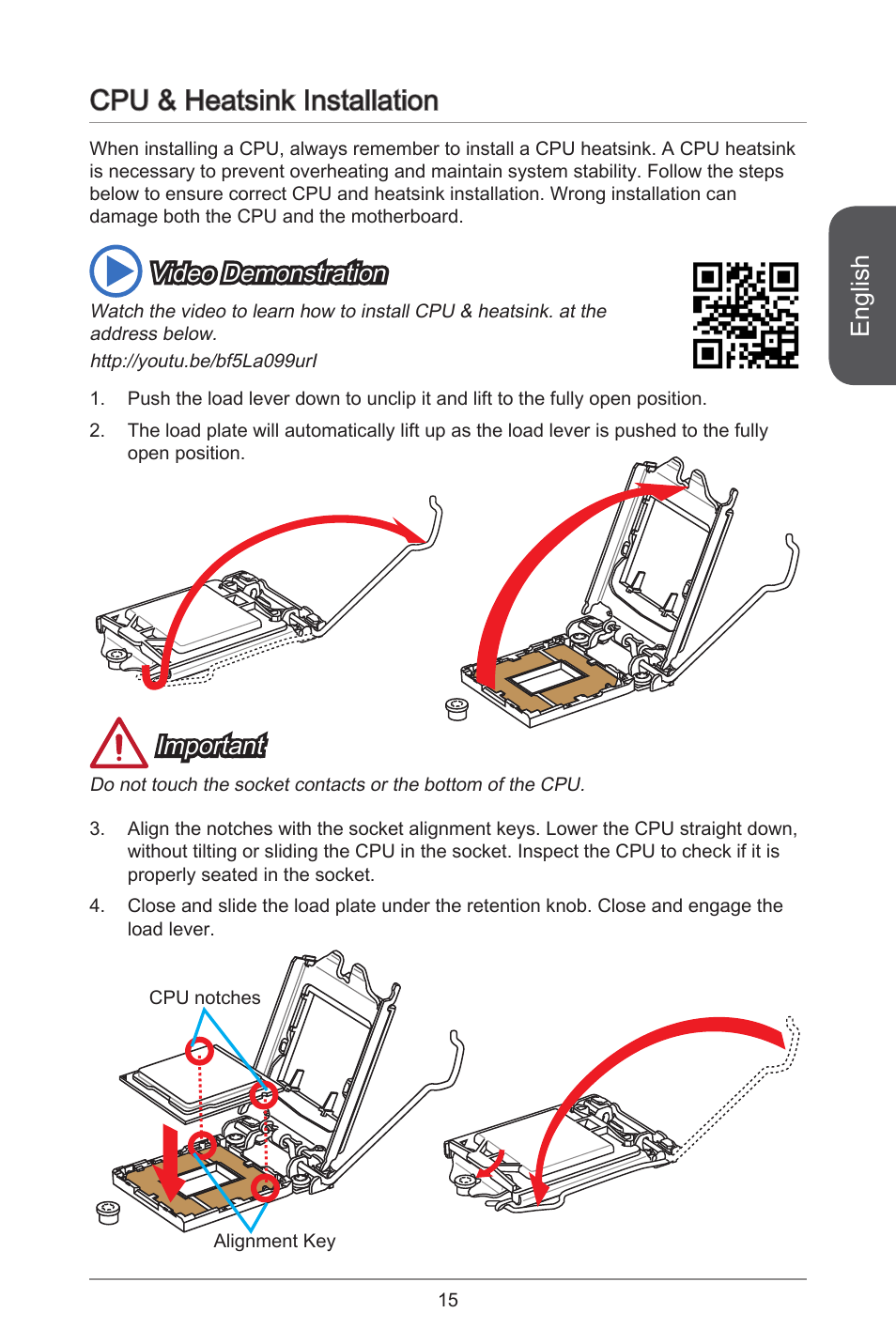 Cpu & heatsink installation, English, Important | Video demonstration | MSI H81M-E34 User Manual | Page 15 / 182