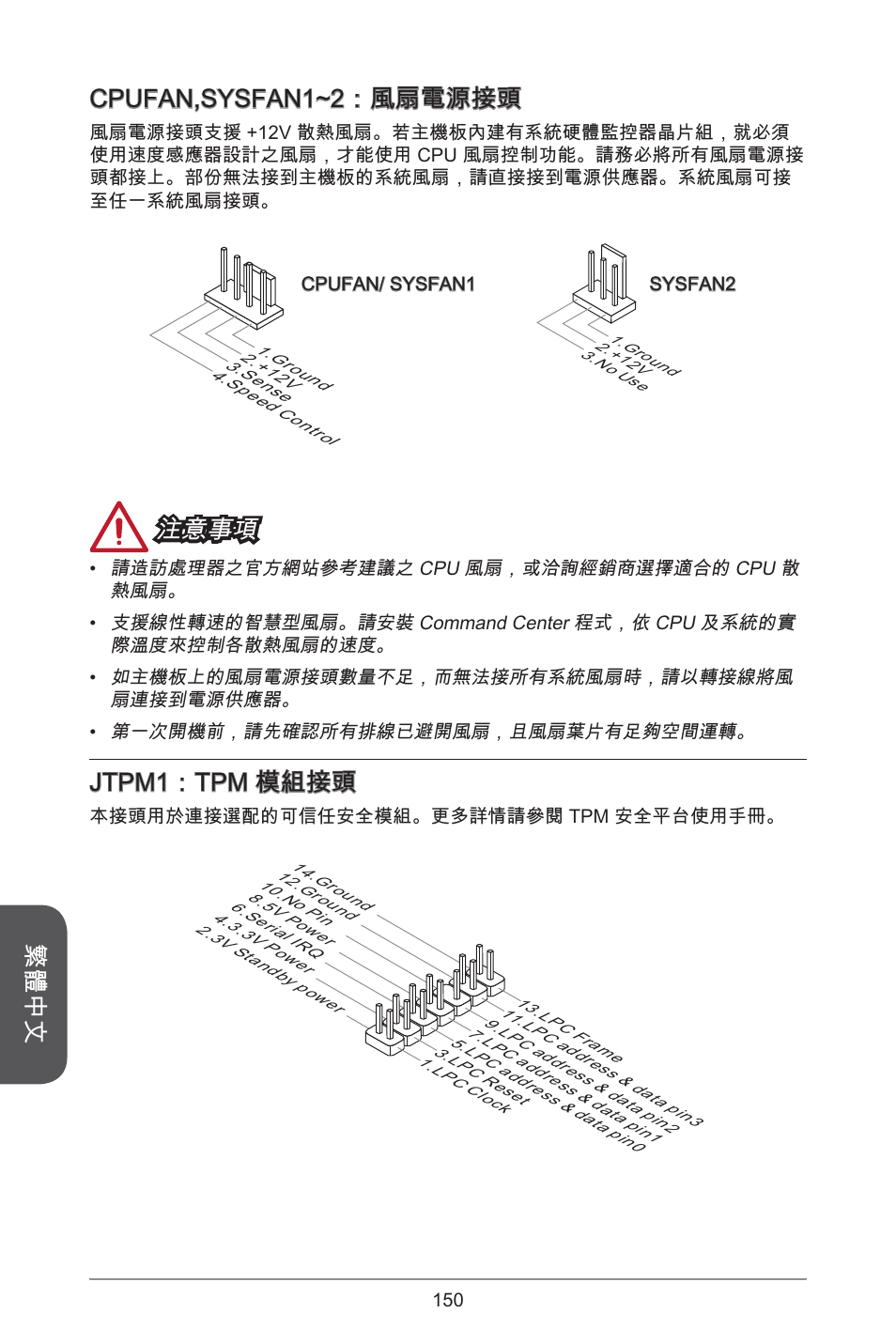 繁體中文 cpufan,sysfan~2：風扇電源接頭, 注意事項, Jtpm：tpm 模組接頭 | MSI H81M-E34 User Manual | Page 150 / 182