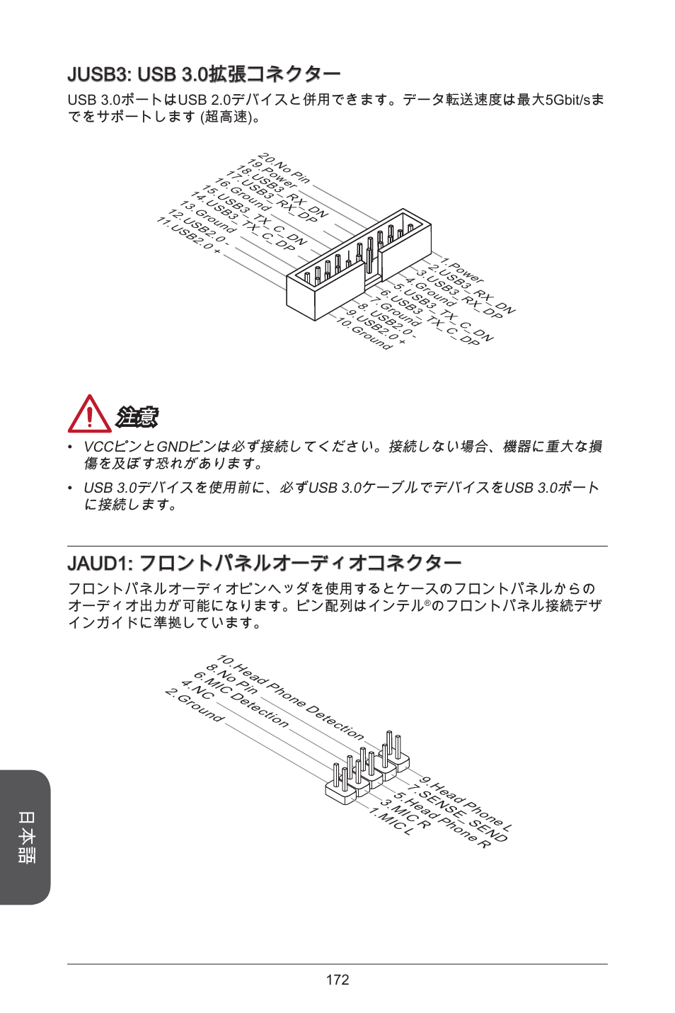 Jusb3: usb 3.0拡張コネクター, Jaud: フロントパネルオーディオコネクター | MSI H81M-E34 User Manual | Page 172 / 182