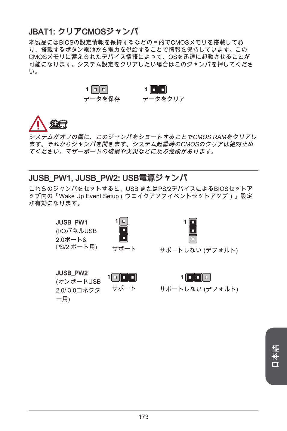 Jbat: クリアcmosジャンパ, Jusb_pw, jusb_pw2: usb電源ジャンパ | MSI H81M-E34 User Manual | Page 173 / 182