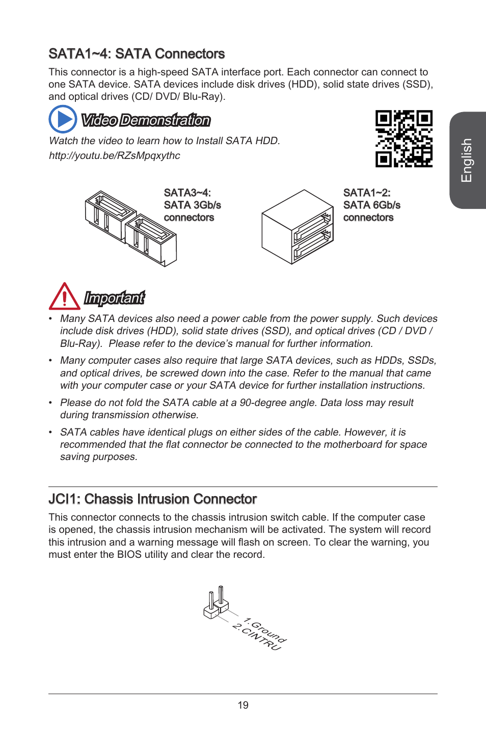 English, Sata~4: sata connectors, Video demonstration | Important, Jci: chassis intrusion connector | MSI H81M-E34 User Manual | Page 19 / 182